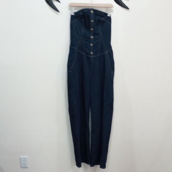 NEW! Anthropologie Pilcro Dark Denim Corset Wide Leg Jumpsuit - Size 12 - Picture 5 of 13